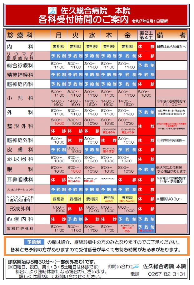 各診療科の受付時間一覧